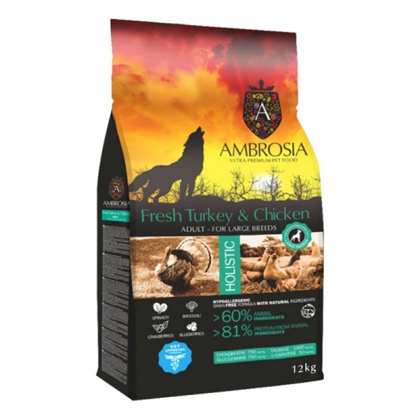 AMBROSIA GF ADULT LARGE TURKEY & CHICKEN 12Kg Σκύλος