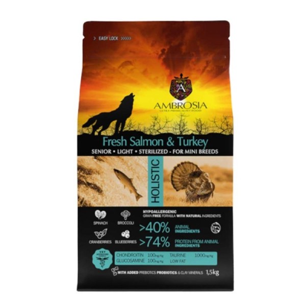 AMBROSIA ADULT MINI SENIOR LIGHT STERILISED 5Kg FRESH SALMON & TURKEY AMBROSIA ADULT MINI SENIOR LIGHT STERILISED 5Kg FRESH SALMON & TURKEY