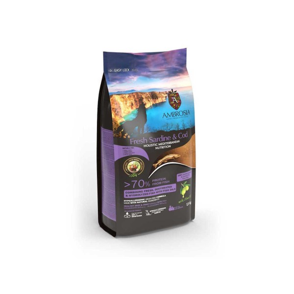 AMBROSIA MEDITERRANEAN DIET GF ADULT SENIOR LIGHT STERILISED FRESH SARDINE & COD 1.5KG