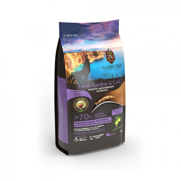 AMBROSIA MEDITERRANEAN DIET GF ADULT SENIOR LIGHT STERILISED FRESH SARDINE & COD 5KG AMBROSIA MEDITERRANEAN DIET GF ADULT SENIOR LIGHT STERILISED FRESH SARDINE & COD 5KG