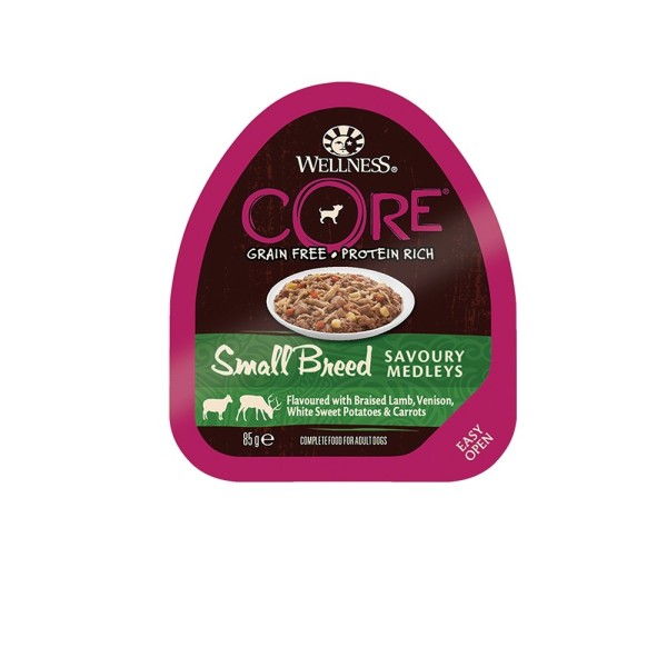 WELLNESS CORE SM.BREED SAVOURY MEDLEYS PATE ΑΡΝΙ,ΕΛΑΦΙ,ΓΛΥΚΟΠΑΤΑ, ΚΑΡΟΤΑ 85 GR