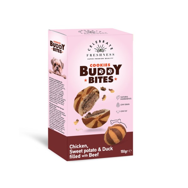 CELEBRATE COOKIES BUDDY BITES CHICKEN & SWEET POTATO AND DUCK FILLED WITH BEEF 150gr