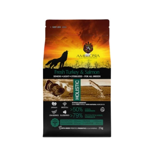 AMBROSIA GF SENIOR LIGHT STERILIZED 12Kg TURKEY & SALMON AMBROSIA GF SENIOR LIGHT STERILIZED 12Kg TURKEY & SALMON